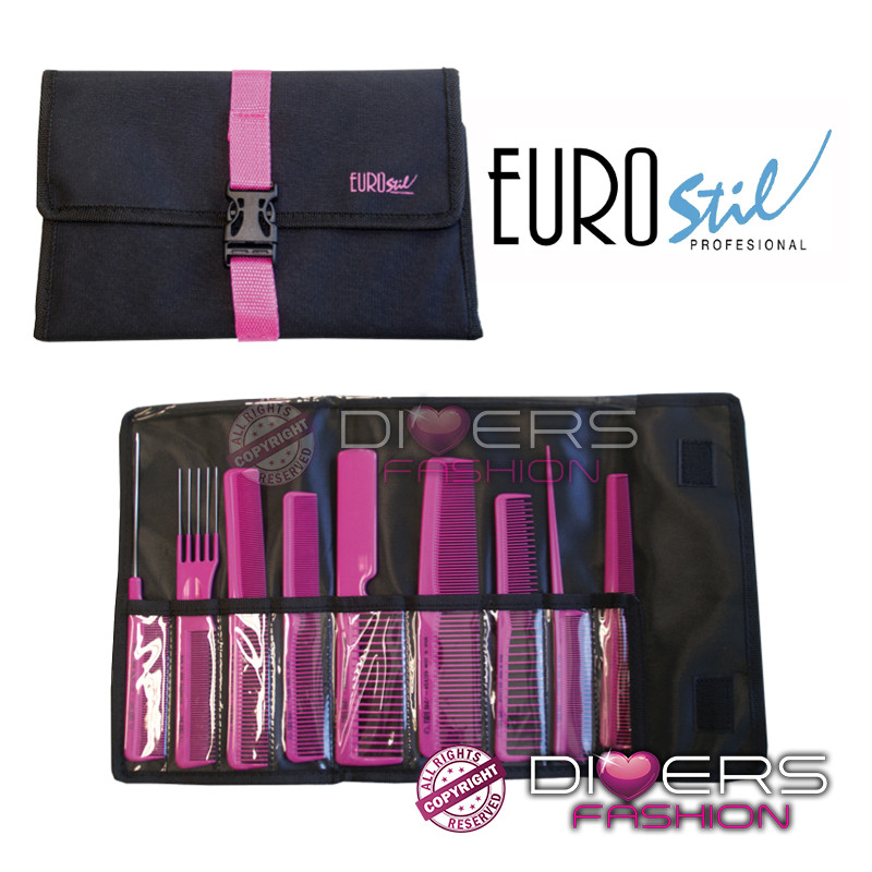 Set de 9 Peines Profesionales Eurostil con Estuche – Colores Aleatorios