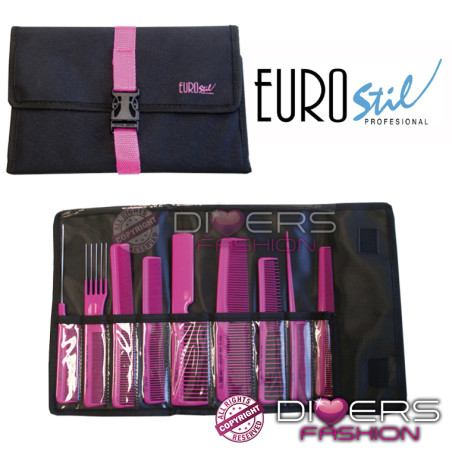 Set de 9 Peines Profesionales Eurostil con Estuche – Colores Aleatorios